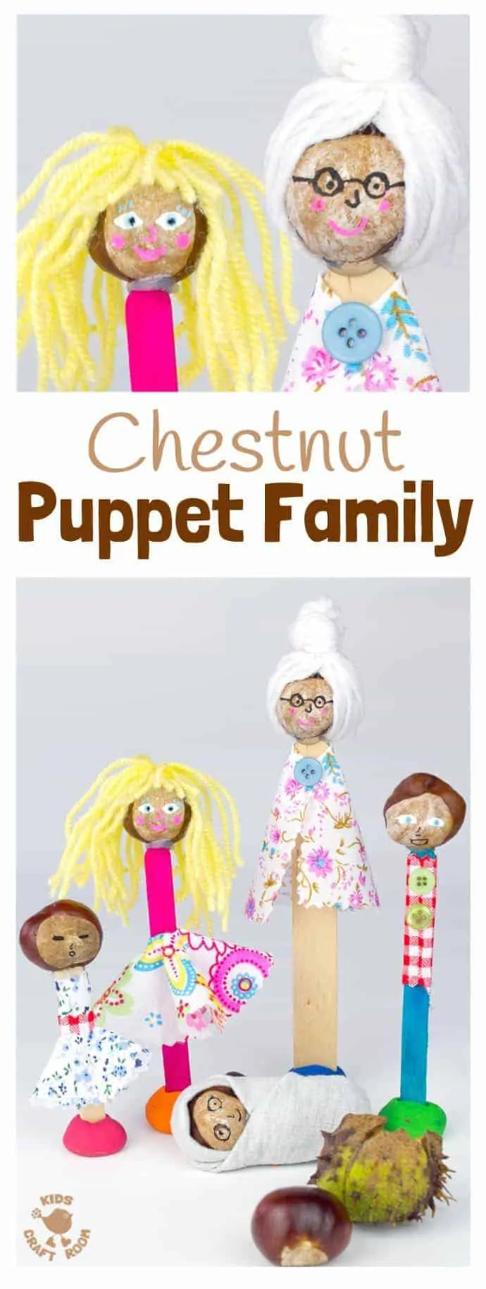 HOMEMADE PUPPETS CHESTNUT CRAFT - Make a Puppet Family with this fun and creative chestnut craft for kids. Chestnut puppets give kids hours of imaginative play & story telling. (buckeye craft/ conker craft)