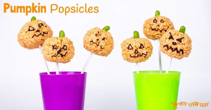 PUMPKIN POPSICLES RICE KRISPIE TREATS - Kids will love making these cute Halloween treats. They are quick and easy, great for some last minute tasty fun!