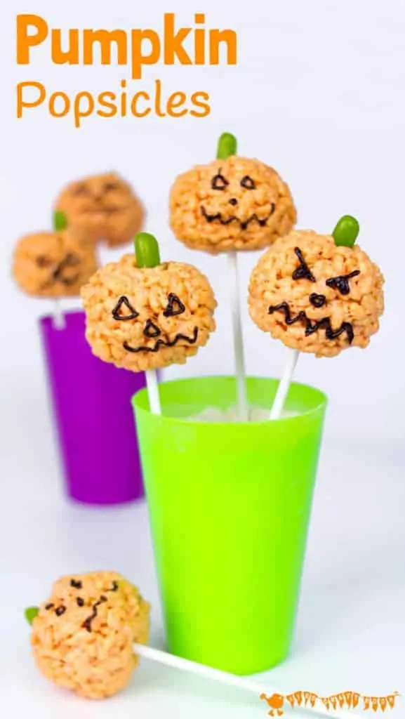 RICE KRISPIE PUMPKIN POPSICLES - Kids will love making these cute Halloween treats. They are quick and easy, great for some last minute tasty fun! A Halloween recipe not to be missed. #halloween #HalloweenTreats #HalloweenRecipes #halloweenparty #halloweenpartyfood #ricekrispies #cookingwithkids #kidsinthekitchen #kidscraftroom #pumpkins #popsicles #kidscraftroom