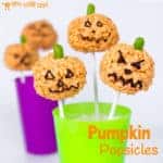PUMPKIN POPSICLES RICE KRISPIE TREATS - Kids will love making these cute Halloween treats. They are quick and easy, great for some last minute tasty fun!