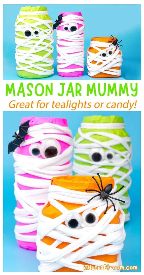 Three Neon Mason Jar Mummies in a row. They've been made by covering jars in brightly coloured tissue paper and then wrapping them in white tshirt yarn.