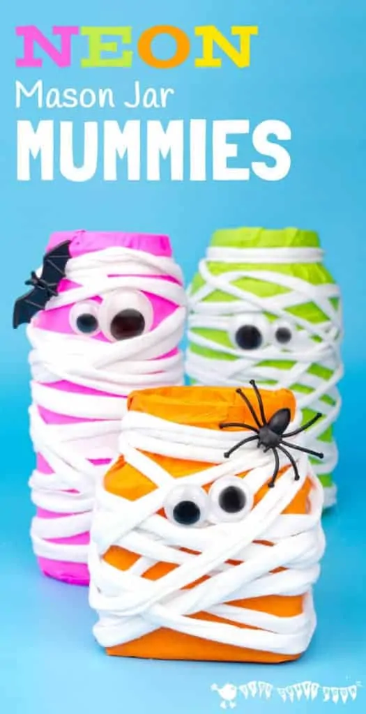 HALLOWEEN MUMMY MASON JAR CRAFT - Spooky Neon Mason Jar Mummies are a fun and easy Halloween craft. These colourful mummies look great day and night! Fill them with candy for Halloween treats or tea lights for Mummy Halloween Luminaries. #halloween #halloweencrafts #mummy #mummies #halloweenmummy #mummycrafts #kidscrafts #masonjars #masonjarcrafts #kidscraftroom