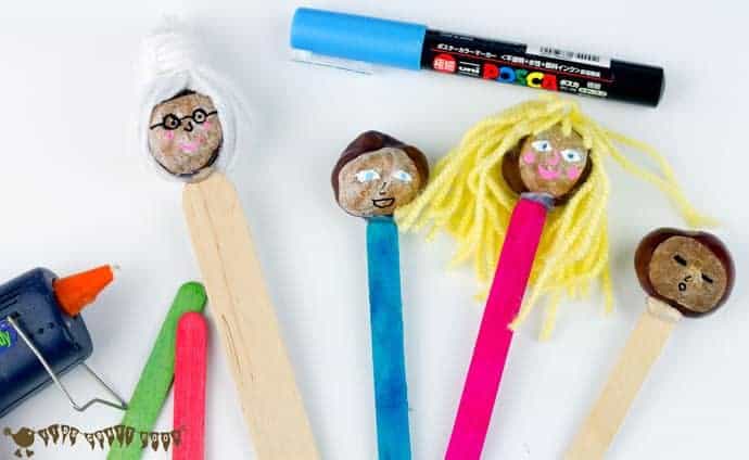Adding hair and faces -Make a Puppet Family with this fun and creative chestnut craft for kids. These chestnut people will give kids hours of imaginative play & story telling. (buckeye craft/ conker craft)