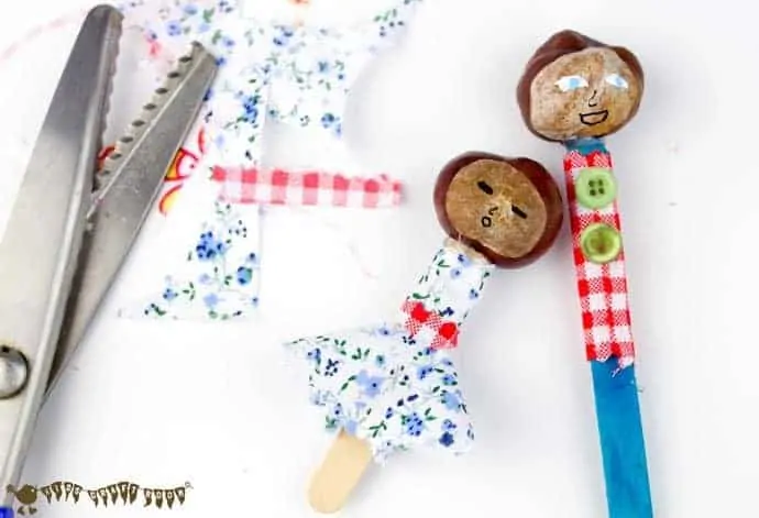 making-man-and-child-clothes- Make a Puppet Family with this fun and creative chestnut craft for kids. These chestnut people will give kids hours of imaginative play & story telling. (buckeye craft/ conker craft)