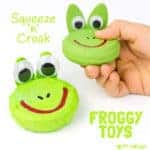 CROAKING FROG CRAFT - Recycle jar lids to make a squeeze 'n' croak frog toy. These little homemade frogs really croak! A fun kids craft to go with nursery rhymes and story telling. RIBBIT!