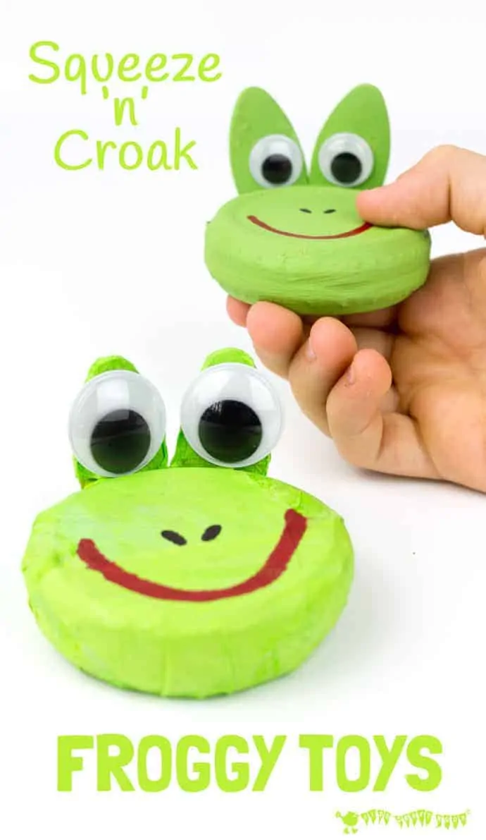 CROAKING FROG CRAFT - Recycle jar lids to make a squeeze 'n' croak frog toy. These little homemade frogs really croak! A fun froggy kids craft to go with nursery rhymes and story telling. RIBBIT! #frogs #frogcrafts #spring #springcrafts #music #musicalinstruments #homemadeinstruments #diyinstruments #recycledcrafts #homemadetoys #kidscrafts #kidscraftroom #jarlids
