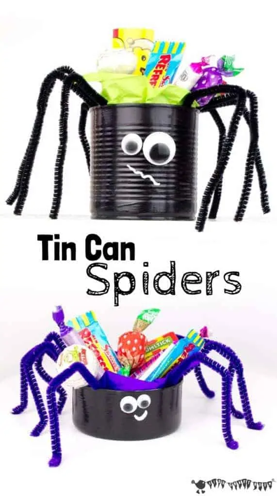 This Tin Can Spider craft is a great way to reuse tin cans. It's a fun and easy last minute Halloween craft and looks fabulous filled with Halloween treats.