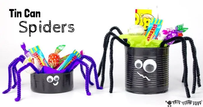 This Tin Can Spider craft is a great way to reuse tin cans. It's a fun and easy last minute Halloween craft and looks fabulous filled with Halloween treats.