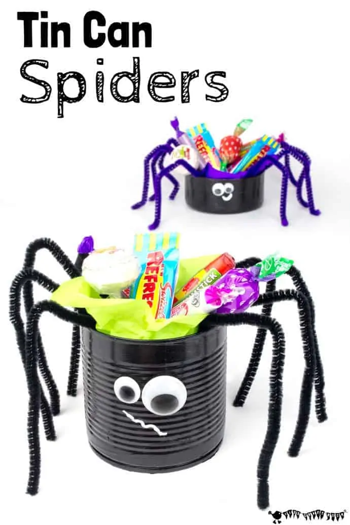 two Tin Can Spider Crafts filled with sweets.