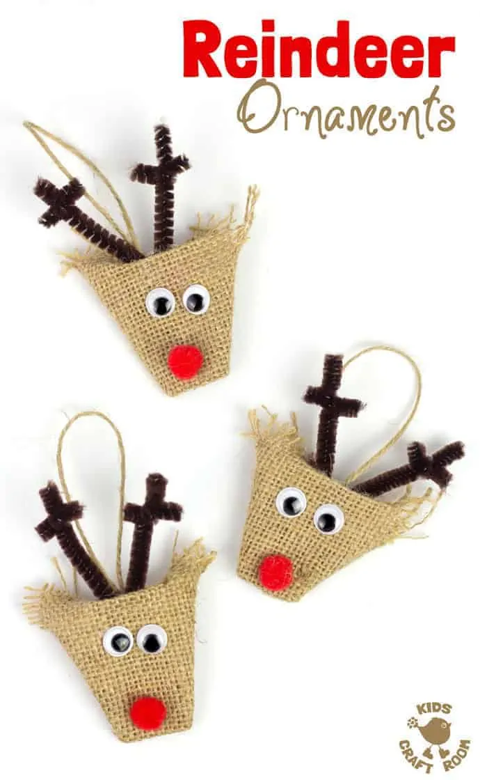 ADORABLE BURLAP REINDEER ORNAMENTS - a simple no-sew Christmas craft for kids. A lovely homemade reindeer decoration for the Christmas tree.
