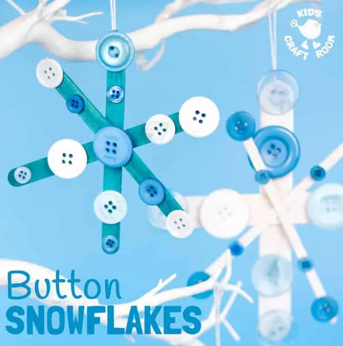 BUTTON SNOWFLAKE CRAFT - A gorgeous Winter and Christmas craft for kids from the new book 30 Christmas Ornaments. Christmas crafts are a great way to make memories you'll treasure year after year. #snowflakes #snowflakecrafts #winter #wintercrafts #wintercraftsforkids #kidscrafts #craftsforkids #winteractivities #winterideas #kidsart #winterart #artideas #winterartideas #snow #processart #buttoncrafts