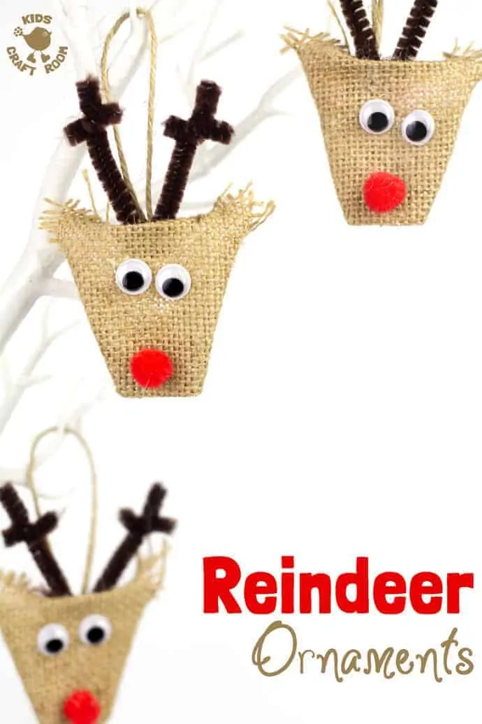 ADORABLE BURLAP REINDEER ORNAMENTS - a simple no-sew Christmas craft for kids. A lovely homemade reindeer decoration for the Christmas tree. 