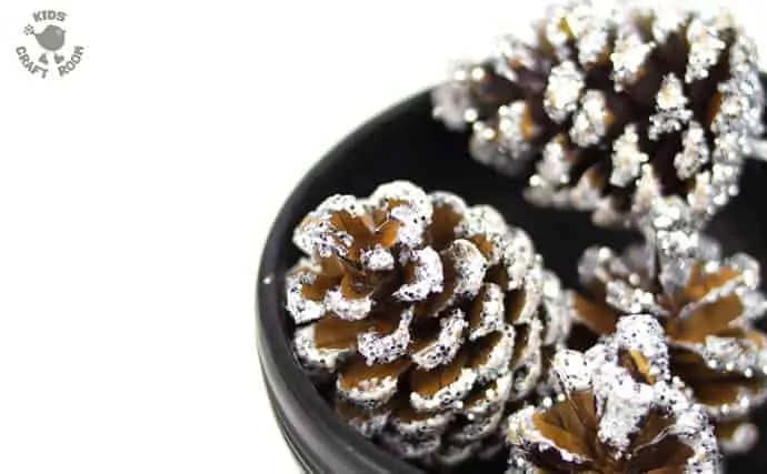 A black bowl full of frosty pinecones.