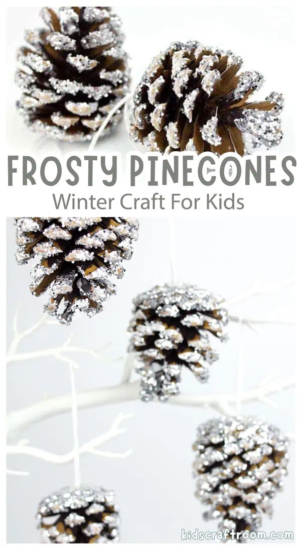 A collage showing close ups of finished frosty pinecone crafts from different angles.