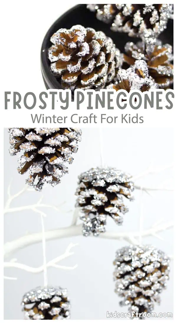 A collage showing frosty pinecones hanging up and in a bowl.