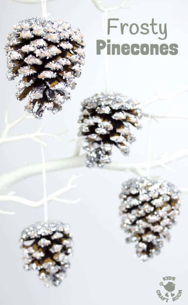 This frosty pinecone craft, based on a classic, has a clever little twist that really gives its frosty appearance a special edge! These pinecones are super frosty, super sparkly and super fun for little hands to make! They look great as Christmas ornaments or for a Winter display. #christmas #winter #ornaments #pinecones #naturecrafts #kidscrafts #fallcrafts #pineconecrafts #wintercrafts #wintercraftideas #craftsforkids #snow #frost #Winteractivities #winterart #kidscraftideas