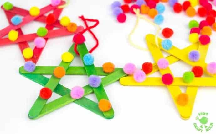 These colourful pom pom popsicle stick stars will look amazing hanging on your Christmas tree or as a bright and cheery bedroom or nursery display all year round.