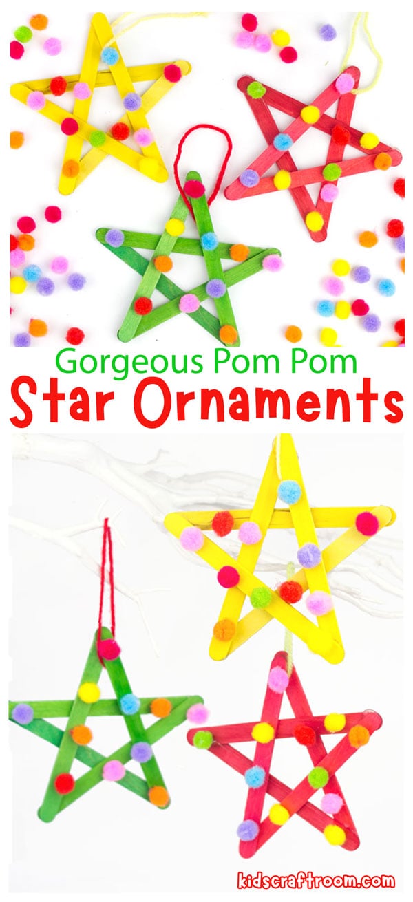 A collage of star crafts made from popsicle sticks and decorated with mini pompoms.