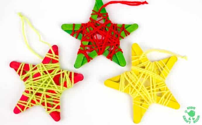 YARN WRAPPED STAR ORNAMENTS are a fun popsicle stick craft to build fine motor skills. They look great hanging on the Christmas tree, as a bedroom mobile or for a Space themed study topic.