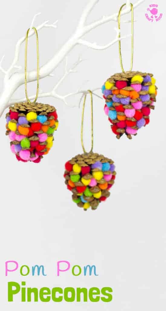 This colourful Pom Pom Pinecone craft for kids looks great! Use this nature craft to make Christmas ornaments or as pretty mobiles all year. There's even a fun idea for a colourful pinecone math game too.