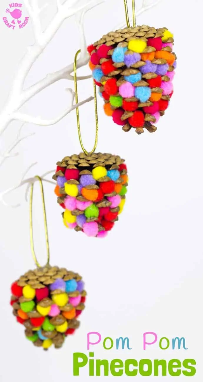 This colourful Pom Pom Pinecones craft for kids looks great! Use this nature craft to make Christmas ornaments or as pretty mobiles all year. There's even a fun idea for a colourful pinecone math game too.