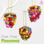 This colourful Pom Pom Pinecone craft for kids looks great! Use this nature craft to make Christmas ornaments or as pretty mobiles all year. There's even a fun idea for a colourful pinecone math game too.