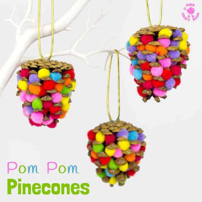 This colourful Pom Pom Pinecones craft for kids will look great on your tree! Pom Pom Pinecones via Kids Craft Room || 15 Christmas ornaments kids can make using pom poms! || Letters from Santa Holiday Blog