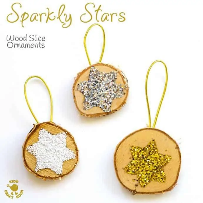 SPARKLY STAR WOOD SLICE ORNAMENTS are a quick and easy Christmas craft. These DIY Wooden Christmas Ornaments are a gorgeous combination of natural and bling!