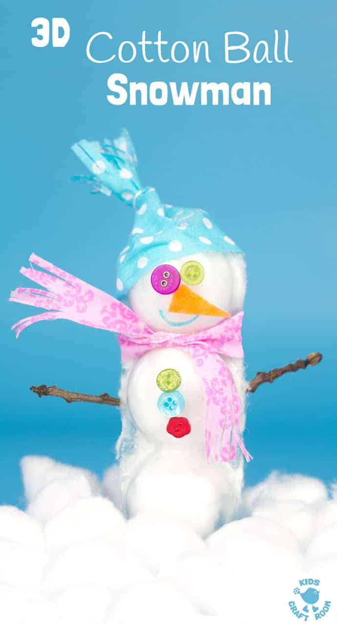 3D COTTON BALL SNOWMAN CRAFT - Here's a snowman craft idea with a difference! Learn how to make a 3D snowmen that really stand up! This is such a fun Winter craft for kids. #christmas #winter #christmascrafts #wintercrafts #snowman #snowmen #snowmancrafts #wintercraftideas #kidscrafts #kidscraftroom 