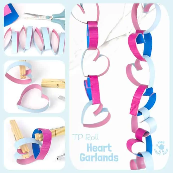 TP Roll Cardboard Tube Heart Garlands look gorgeous! Heart chains make great Valentine's Day or Mother's Day decorations. A fun and easy recycled heart craft for kids. #valentine #valentinesday #valentinescraft #valentinecraft #valentinescrafts #valentinecrafts #valentinesdayforkids #heart #love #heartcrafts #kidscrafts #recycled #recycledcrafts #tprolls #cardboardtubes #cardboardtubecraft #garland #ornament #decoration