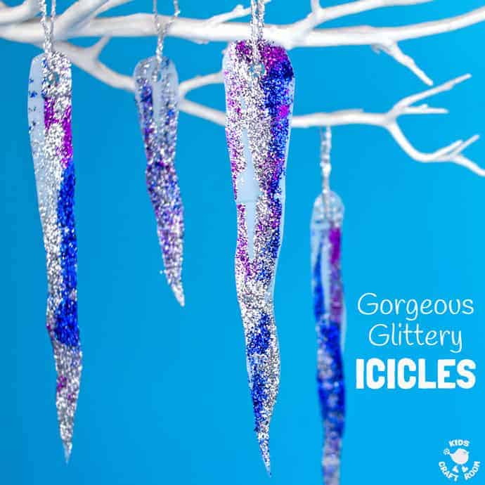 GORGEOUS GLITTERY ICICLE CRAFT made from up-cycled milk jugs! A great recycled Winter craft for kids that builds scissor skills. Homemade icicles make super Winter decorations for the classroom or home. #wintercraft #wintercraftideas #wintercraftforkids #icicles #icicle #iciclecraft #kidscrafts #recycledcrafts #ornaments #kidscraftroom