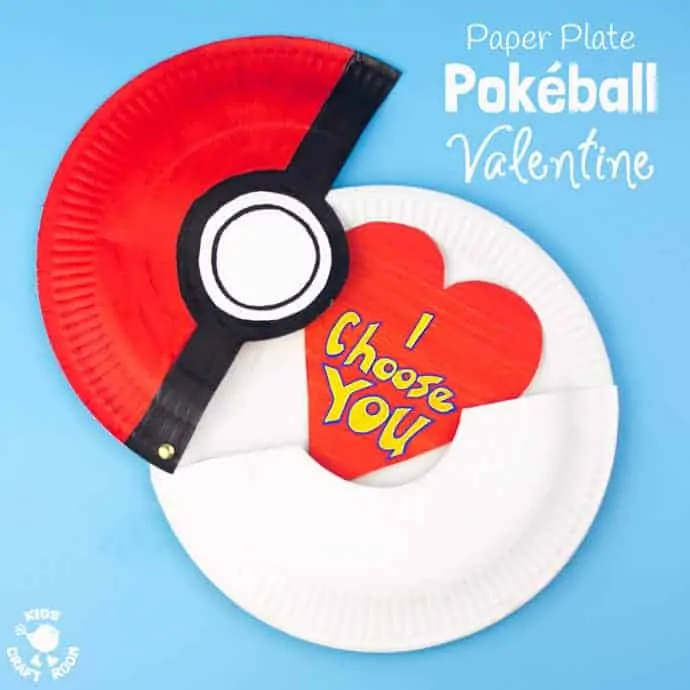 This Paper Plate Pokeball craft actually opens with storage space inside for figures, or cards! We've turned ours into a cute "I Choose You" Pokemon Valentine! This is such a fun Pokemon craft for kids. #valentine #valentinesday #valentinescraft #valentinecraft #valentinescrafts #valentinecrafts #valentinesdayforkids #heart #love #pokemon #pokeball #kidscrafts #paperplatecrafts #paperplate #kidscraftroom 