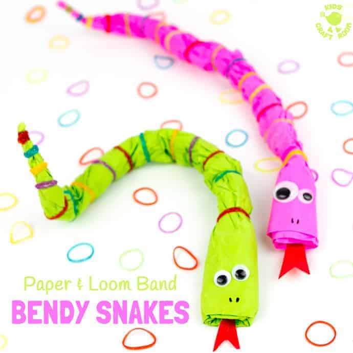 BENDY SNAKES are a fun recycled kids craft. This snake craft is made from news paper and loom bands! A fun way to make movable homemade snake toys that can be long, short, fat, thin and in any colour you like!