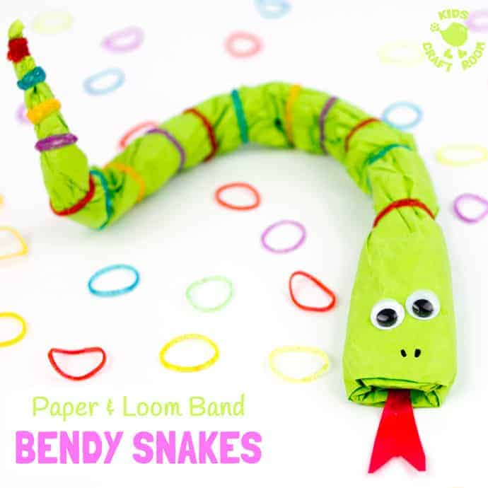 BENDY SNAKES are a fun recycled kids craft. This snake craft is made from news paper and loom bands! A fun way to make movable homemade snake toys that can be long, short, fat, thin and in any colour you like!
