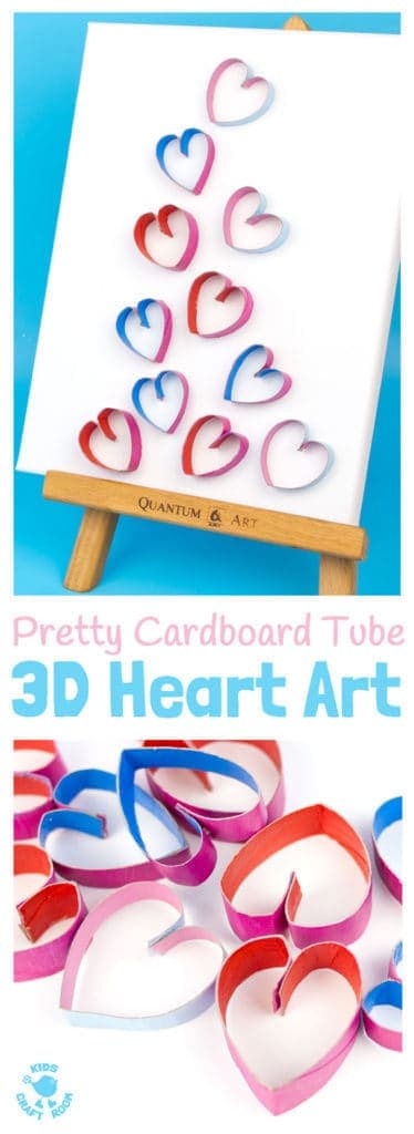 3D CARDBOARD TUBE HEART ART recycles TP rolls into beautiful pictures! Introduce kids to art that isn't flat! Working in 3D can be very exciting! 3D Heart Art is a lovely Valentine's Day craft for kids and makes adorable homemade gifts for Mother's Day or Grandparent's Day. #valentine #valentinesday #valentinescraft #valentinecraft #valentinescrafts #valentinecrafts #valentinesdayforkids #heart #love #kidscrafts #kidsart #kidscraftroom