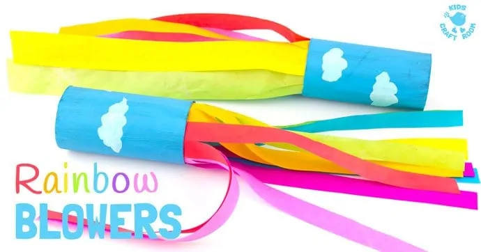 CARDBOARD TUBE RAINBOW BLOWERS are a colourful and fun kids craft! Kids love blowing this rainbow craft to see the streamers swoosh. A super TP roll St Patrick's Day craft or for a weather topic too. 