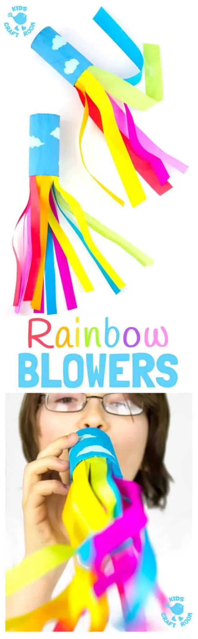 CARDBOARD TUBE RAINBOW BLOWERS are a colourful and fun kids craft! Kids love blowing this rainbow craft to see the streamers swoosh. A super TP roll St Patrick's Day craft or for a weather topic too. 