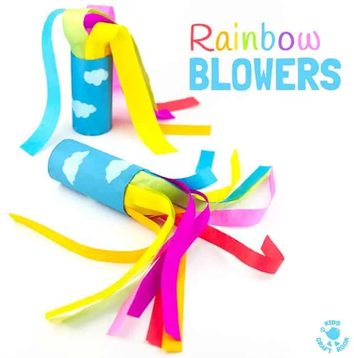 CARDBOARD TUBE RAINBOW BLOWERS are a colourful and fun kids craft! Kids love blowing this rainbow craft to see the streamers swoosh. A super TP roll St Patrick's Day craft or for a weather topic too.