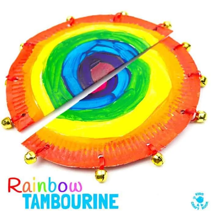 RAINBOW PAPER PLATE TAMBOURINE CRAFT - A fab homemade musical instrument to inspire creativity and fun. Kids will love to sing and dance with colourful rainbow paper plate tambourines.