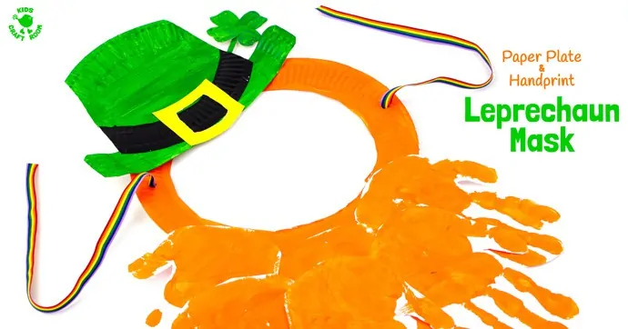 This Paper Plate and Handprint Leprechaun Mask is such a fun St Patrick's Day craft for kids. Easy to make and fun for imaginative play as cheeky leprechauns! The best paper plate craft and handprint craft for St Paddy's Day, so it is!