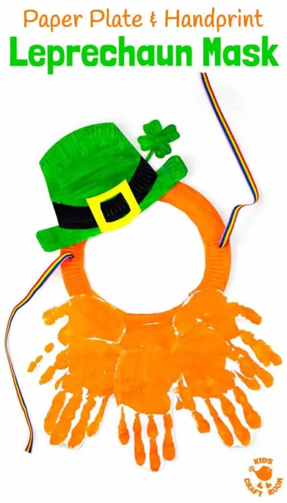This Paper Plate and Handprint Leprechaun Mask is such a fun St Patrick's Day craft for kids. Easy to make and fun for imaginative play as cheeky leprechauns! The best paper plate craft and handprint craft for St Paddy's Day, so it is!