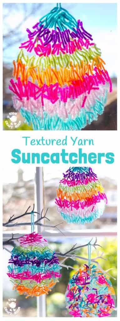 This textured yarn EASTER SUNCATCHER CRAFT is a gorgeous Easter craft or Spring craft for kids of all ages. A simple yarn craft made from scraps, these homemade Easter Egg Suncatchers look stunning in windows or hanging on an Easter tree. These are DIY Easter decorations you'll want to display year after year.