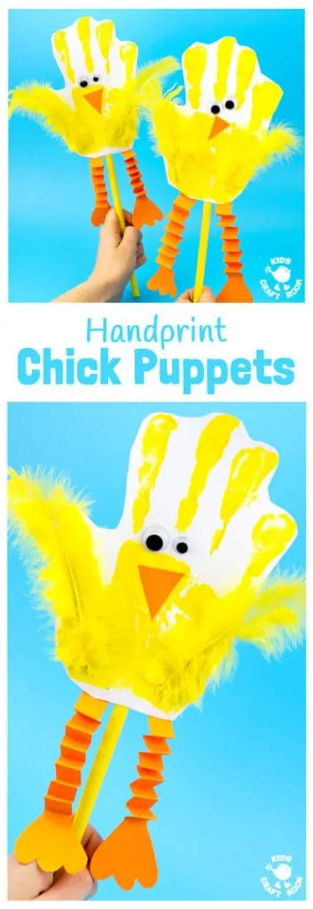 Handprint Chick Puppets are a great Spring craft or Easter craft for kids. This chick craft looks super cute and kids can actually play with them too! Such a fun handprint craft to encourage dramatic play and story telling. #Easter #eastercrafts #chicks #chickcrafts #handprint #handprintcrafts #puppets #puppetcrafts #kidscrafts #craftsforkids #kidscraftroom