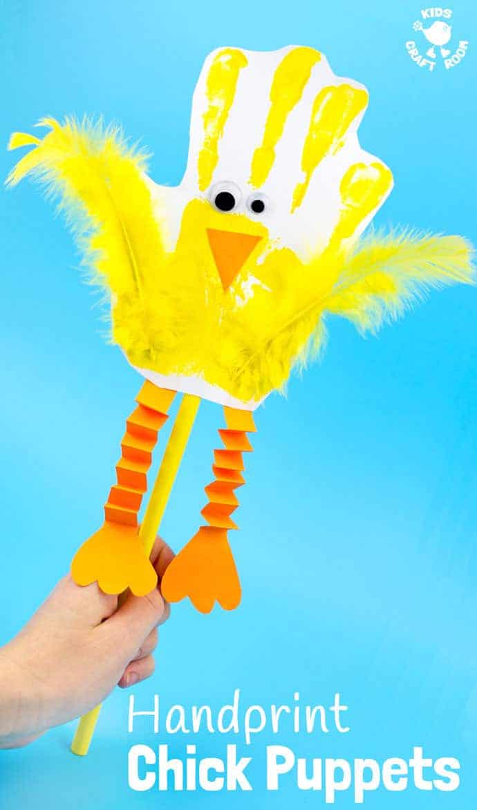 Handprint Chick Puppets are a great Spring craft or Easter craft for kids. This chick craft looks super cute and kids can actually play with them too! Such a fun handprint craft to encourage dramatic play and story telling.