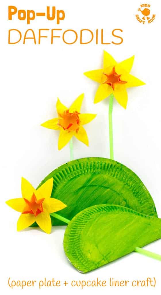 POP UP DAFFODIL CRAFT - A simple Spring craft perfect for Easter or Mother's Day too. This cupcake liner and paper plate flower craft lets kids pretend to grow their own daffodils again and again! So much fun! #springcrafts #mothersday #flowercrafts #kidscrafts #daffodils #daffodilcrafts #paperplatecrafts #craftsforkids #kidscraftroom #easter #spring #daffodils #flowers #eastercrafts