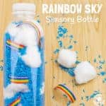 RAINBOW SKY SENSORY BOTTLES are a fun discovery bottle sensory play idea. They bring the beauty and magic of weather indoors to be enjoyed close up again and again. A super Spring and Summer sensory activity for babies, toddlers and preschoolers.