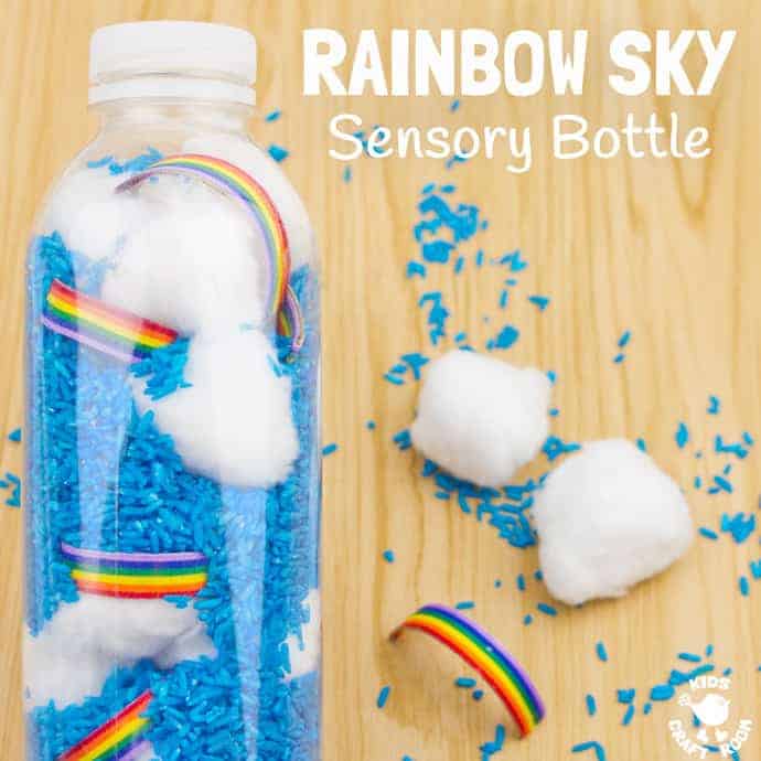 RAINBOW SKY SENSORY BOTTLES are a fun discovery bottle sensory play idea. They bring the beauty and magic of weather indoors to be enjoyed close up again and again. A super Spring and Summer sensory activity for babies, toddlers and preschoolers.
