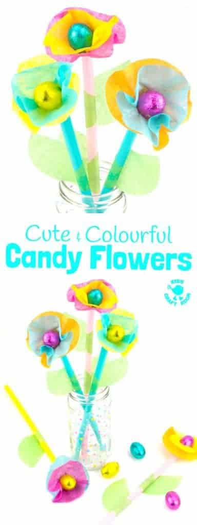 Kids will love this Candy and Tissue Paper Flower Craft. Simple homemade flowers with a centre of delicious candy! Such a fun Easter craft or Spring and Summer craft for kids and they make great homemade gifts or table centre pieces for parties and celebrations. #Easter #eastercrafts #flowercrafts #kidscrafts #craftsforkids #kidscraftroom #flowers #easterflowers #homemadeflowers #diyflowers #paperflowers #springcrafts