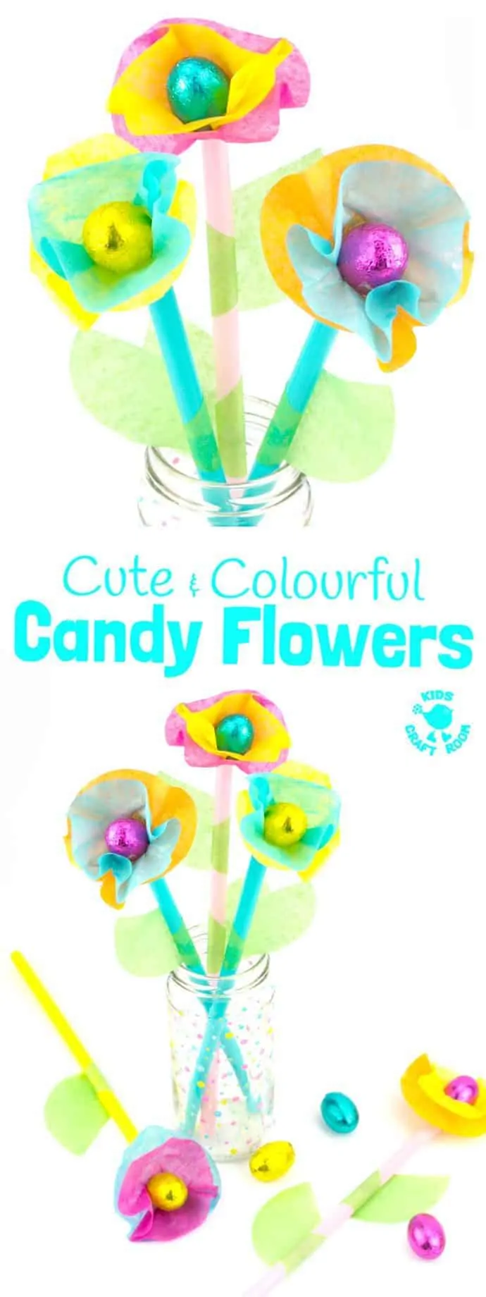 Kids will love this Candy and Tissue Paper Flower Craft. Simple homemade flowers with a centre of delicious candy! Such a fun Easter craft or Spring and Summer craft for kids and they make great homemade gifts or table centre pieces for parties and celebrations. #Easter #eastercrafts #flowercrafts #kidscrafts #craftsforkids #kidscraftroom #flowers #easterflowers #homemadeflowers #diyflowers #paperflowers #springcrafts