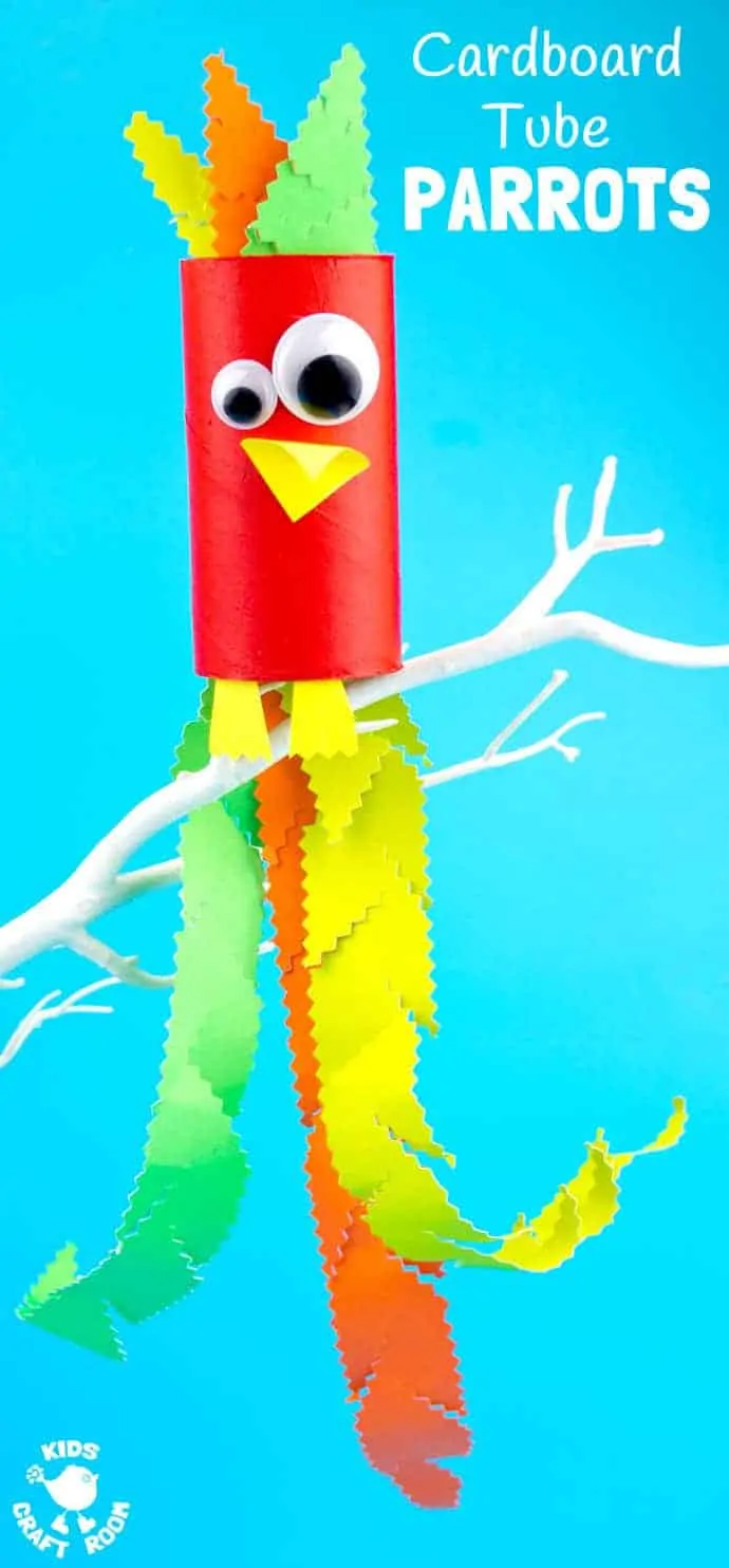 CARDBOARD TUBE PARROT CRAFT - Squawk! What a fun jungle craft for kids.  A colourful tropical bird craft that gives lots of fine motor scissor skills practice.